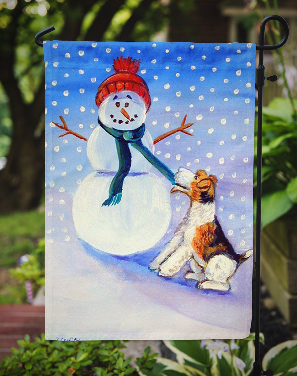 Snowman with  Fox Terrier Flag Garden Size.