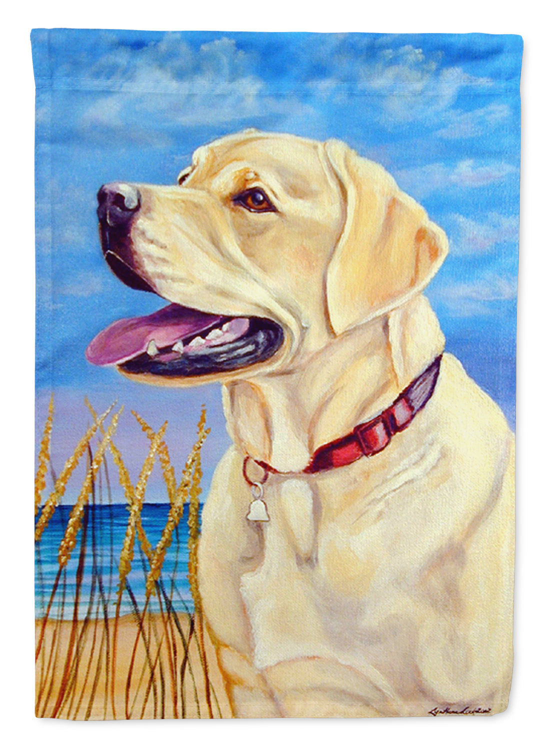 Yellow Labrador at the beach Flag Canvas House Size  the-store.com.