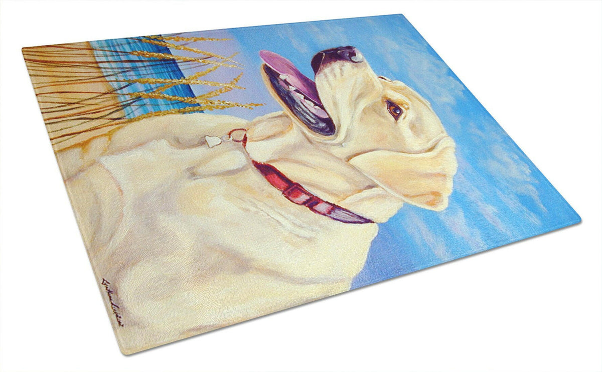 Yellow Labrador at the beach Glass Cutting Board Large by Caroline&#39;s Treasures