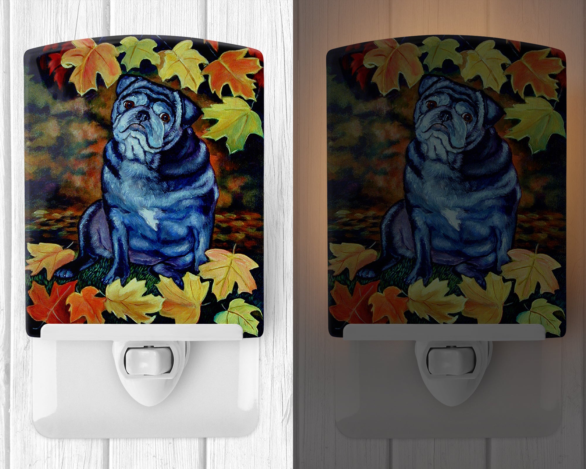 Old Black Pug in Fall Leaves Ceramic Night Light 7159CNL - the-store.com