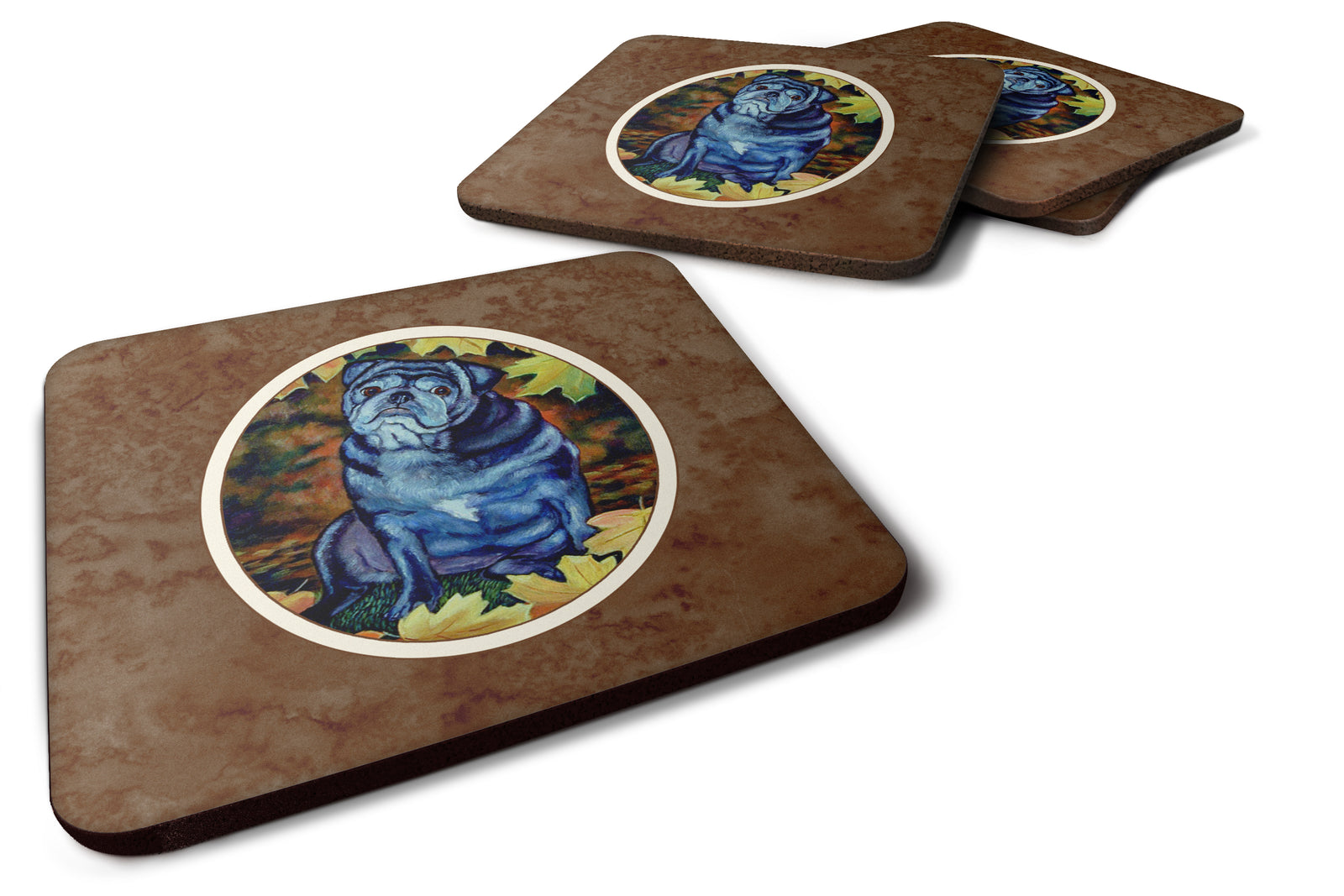 Old Black Pug in Fall Leaves Foam Coaster Set of 4 7159FC - the-store.com