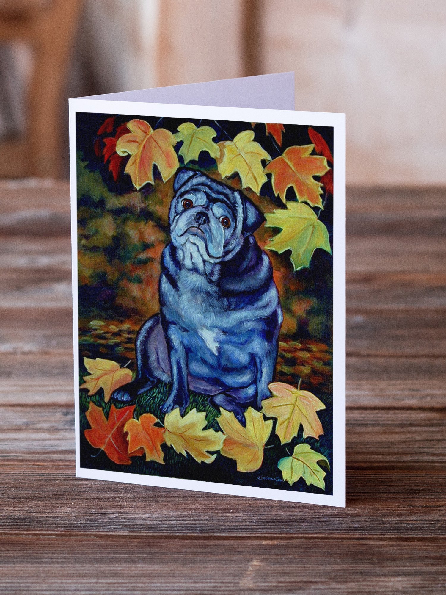 Old Black Pug in Fall Leaves  Greeting Cards and Envelopes Pack of 8 - the-store.com