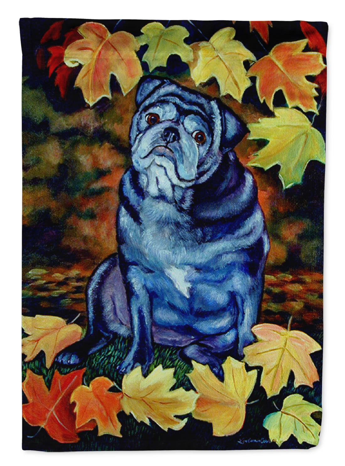 Old Black Pug in fall leaves Flag Garden Size.