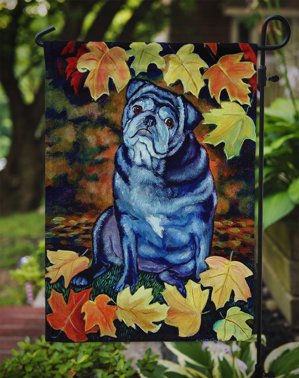 Old Black Pug in fall leaves Flag Garden Size.