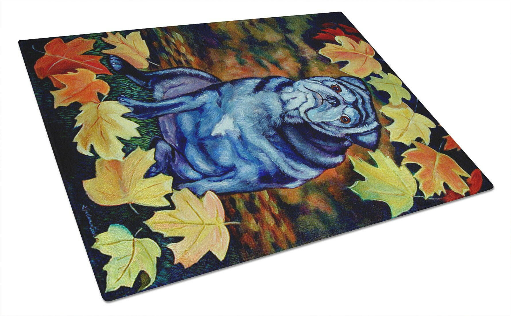 Old Black Pug in fall leaves Glass Cutting Board Large by Caroline's Treasures
