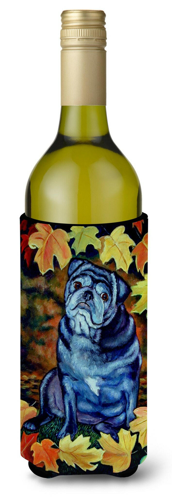 Old Black Pug in Fall Leaves Wine Bottle Beverage Insulator Beverage Insulator Hugger by Caroline&#39;s Treasures