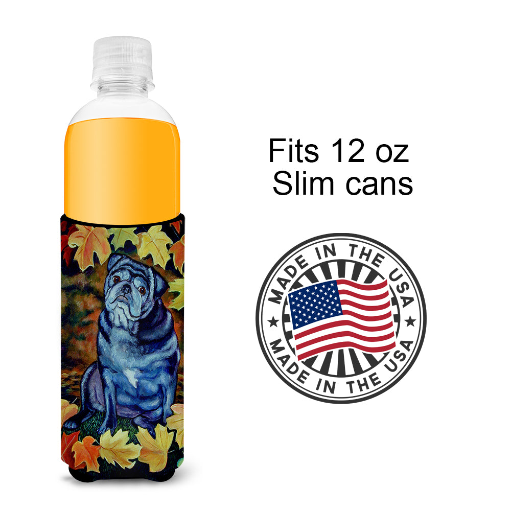 Old Black Pug in Fall Leaves Ultra Beverage Insulators for slim cans 7159MUK.