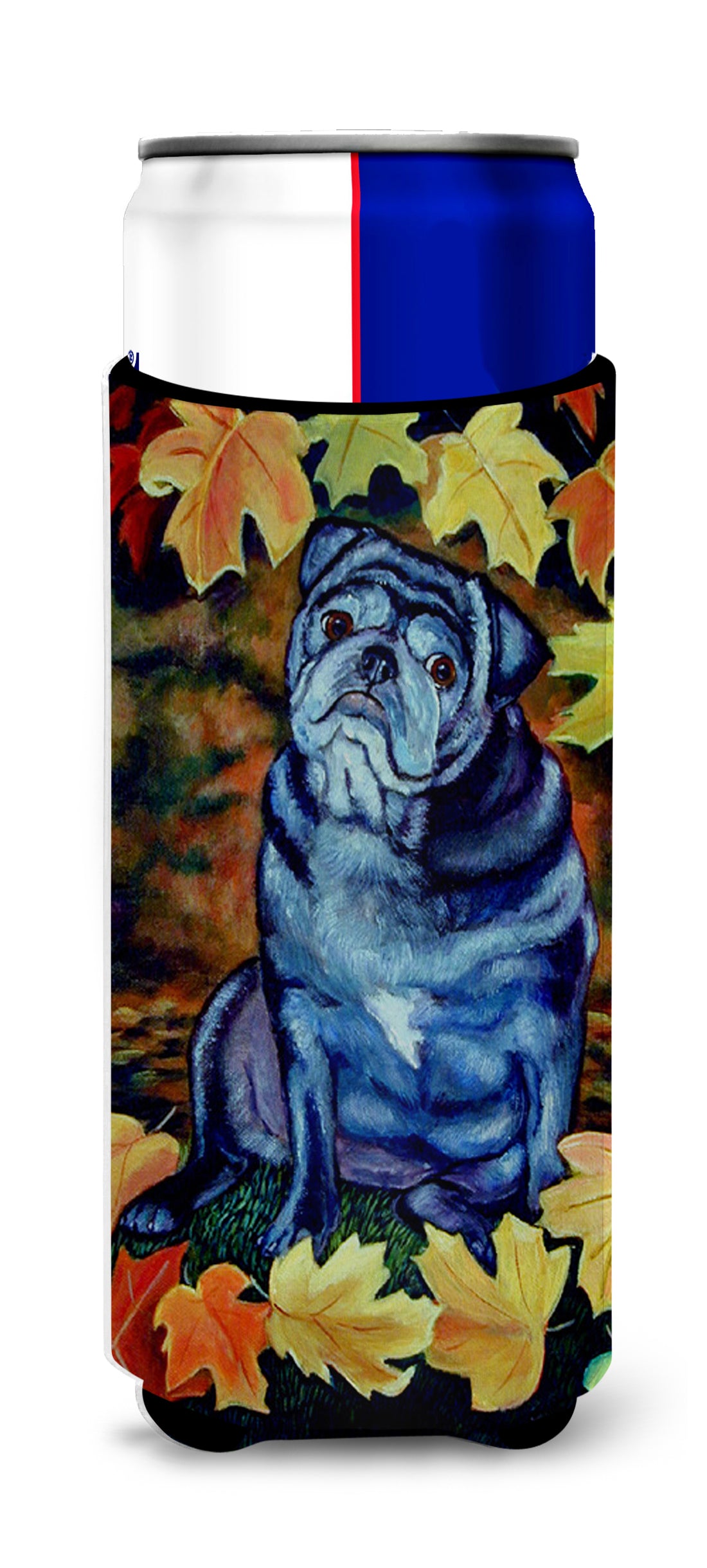 Old Black Pug in Fall Leaves Ultra Beverage Insulators for slim cans 7159MUK.
