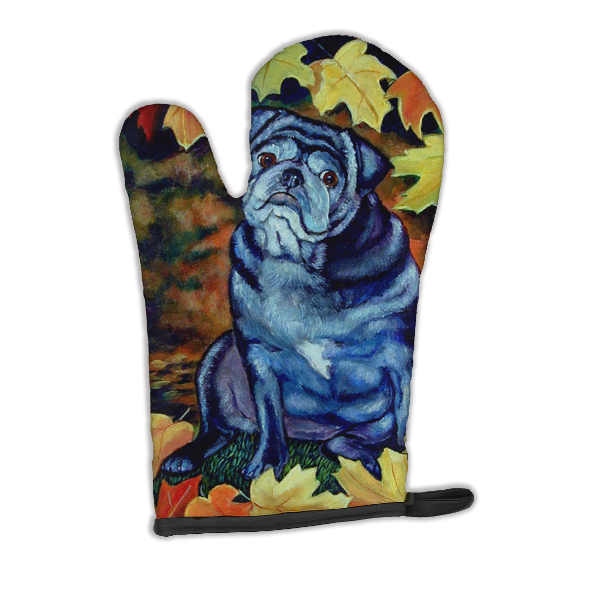 Old Black Pug in Fall Leaves Oven Mitt 7159OVMT  the-store.com.