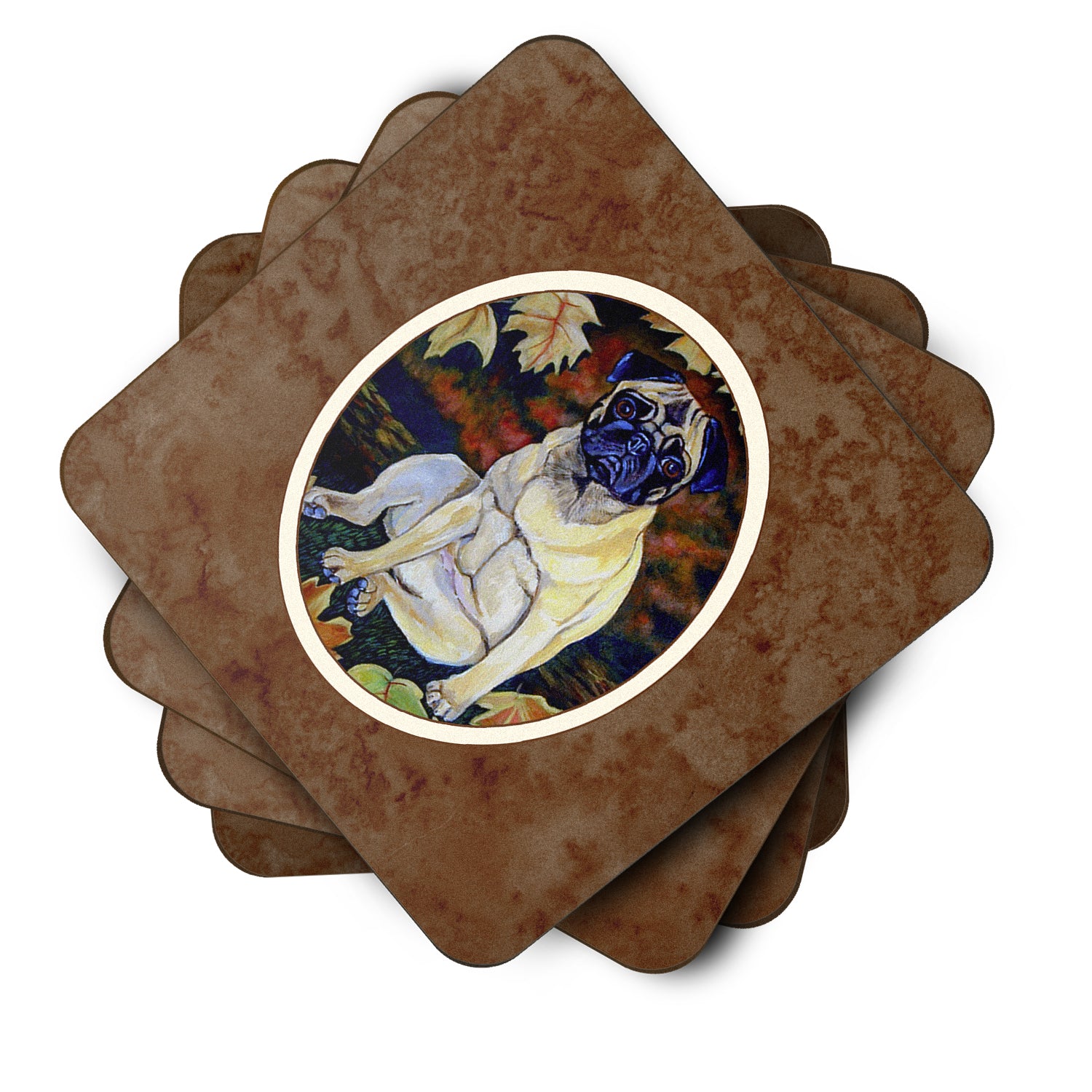 Fawn Pug in Fall Leaves Foam Coaster Set of 4 7160FC - the-store.com