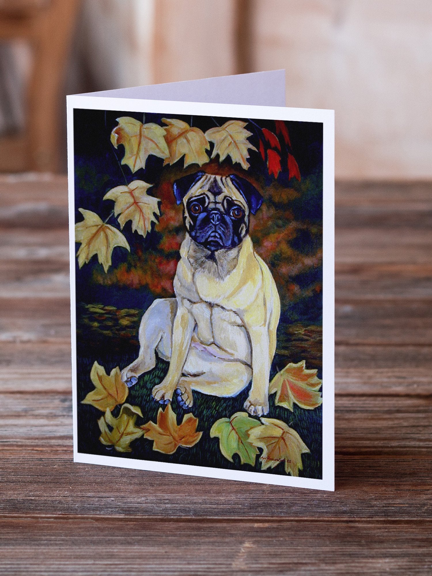 Fawn Pug in Fall Leaves  Greeting Cards and Envelopes Pack of 8 - the-store.com