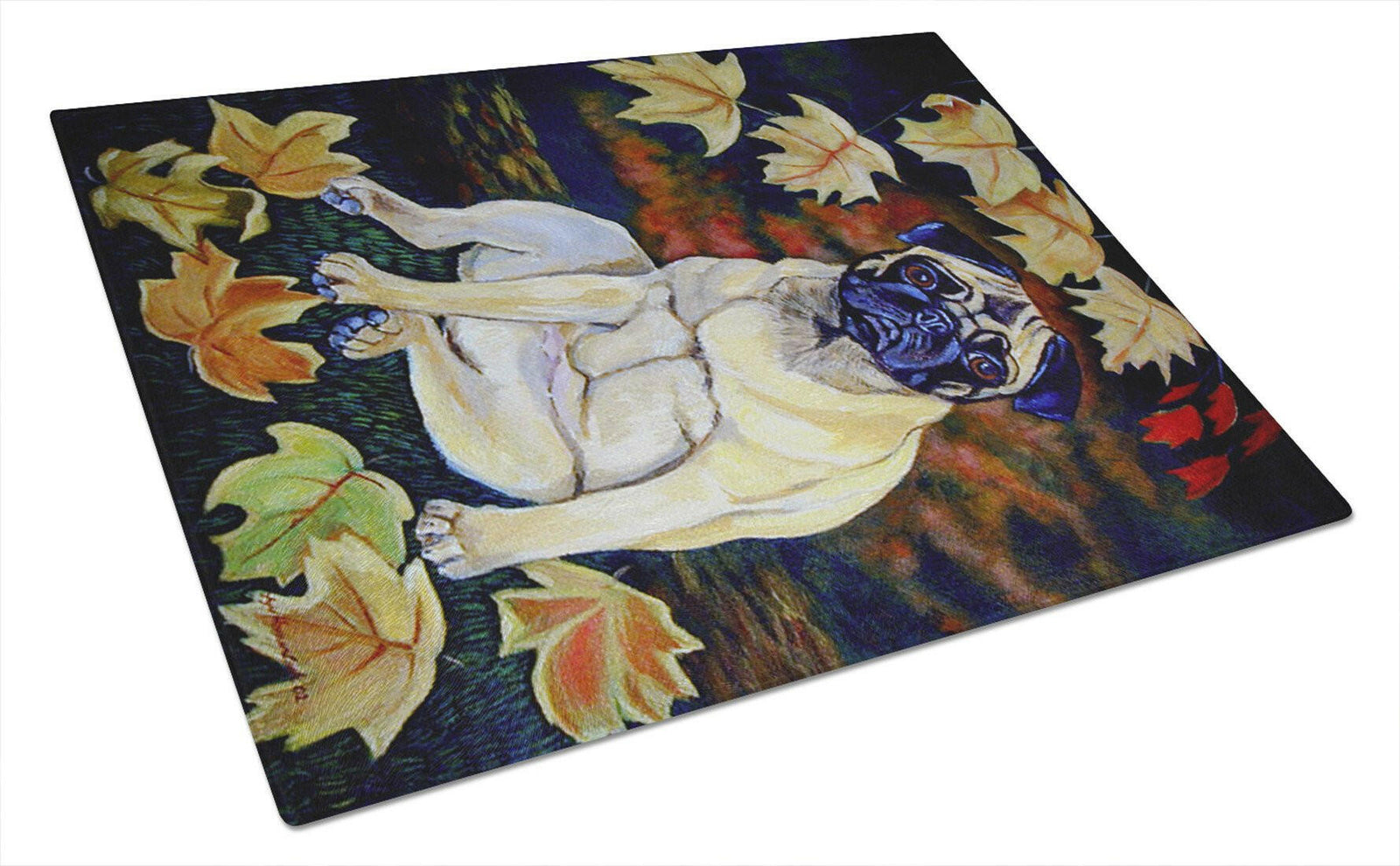 Old Fawn Pug in fall Glass Cutting Board Large by Caroline's Treasures