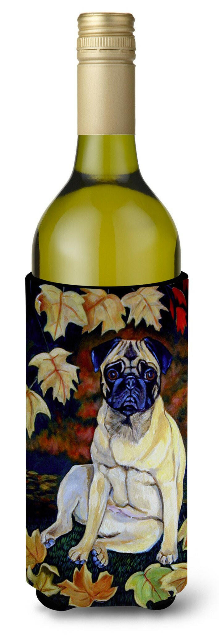 Fawn Pug in Fall Leaves Wine Bottle Beverage Insulator Beverage Insulator Hugger by Caroline&#39;s Treasures