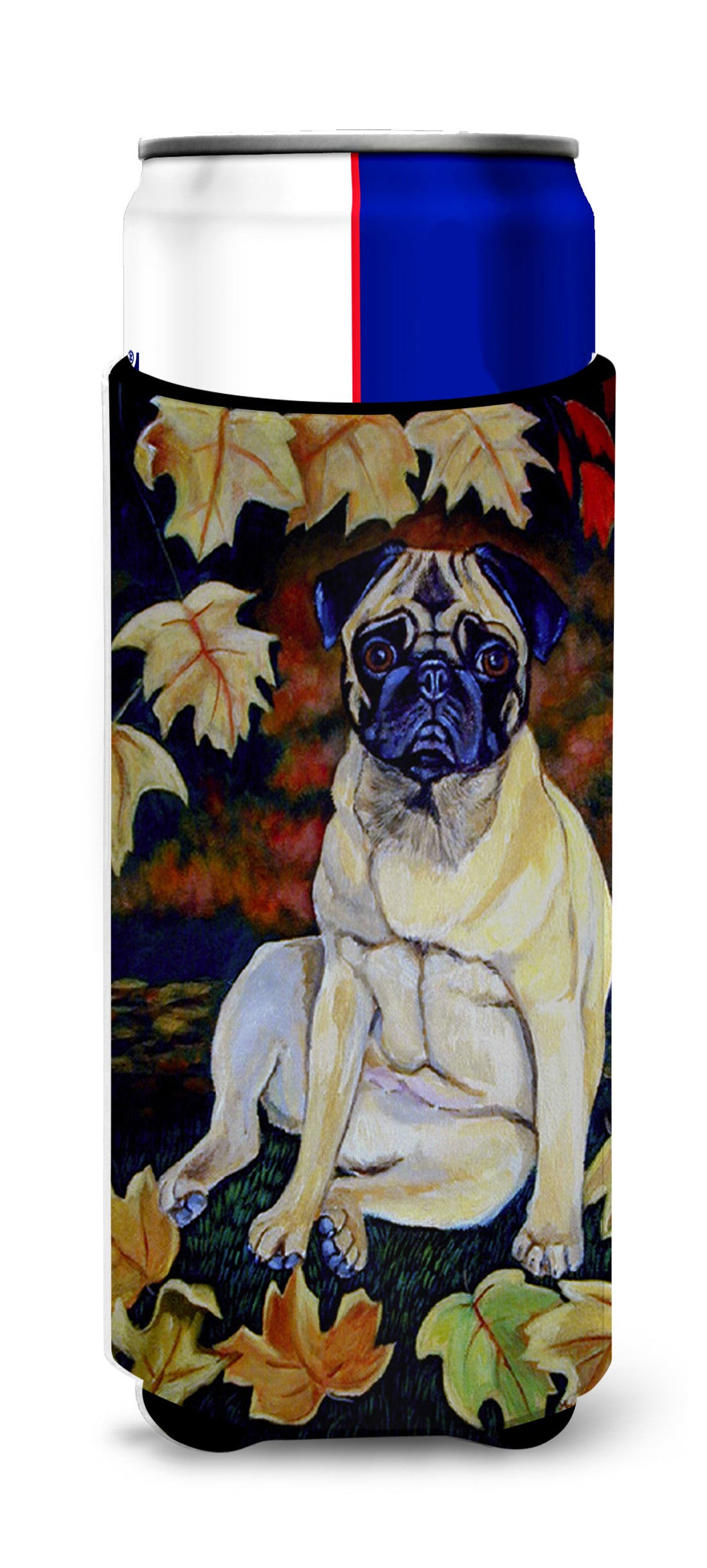 Fawn Pug in Fall Leaves Ultra Beverage Insulators for slim cans 7160MUK
