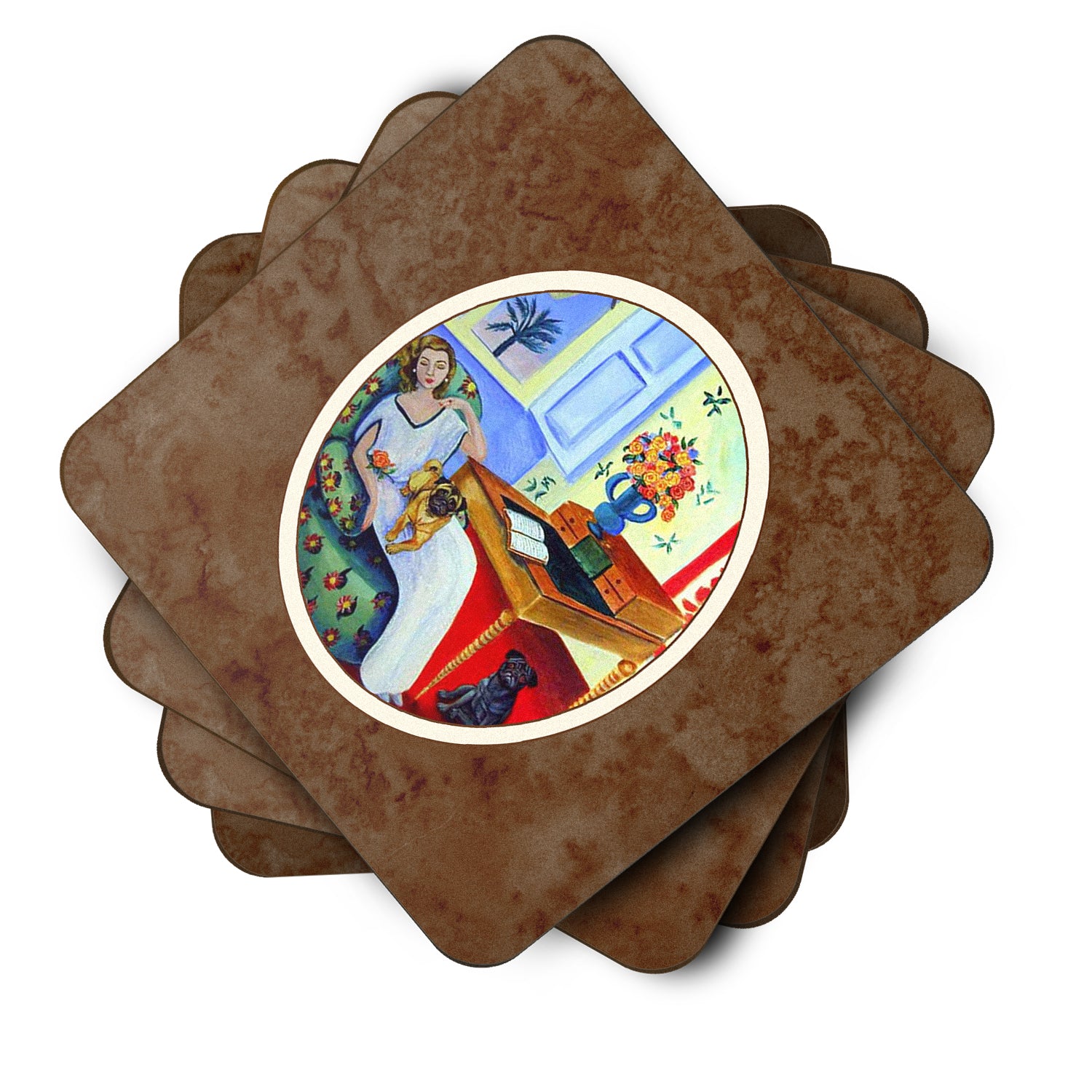 Lady with her Pug Foam Coaster Set of 4 7166FC - the-store.com