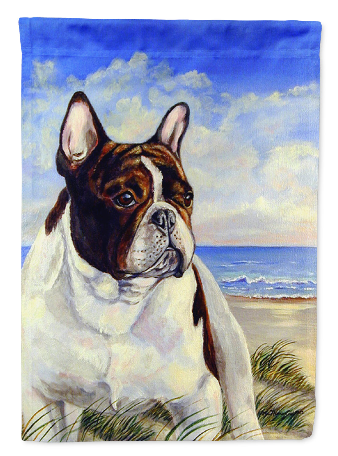French Bulldog at the beach Flag Garden Size.