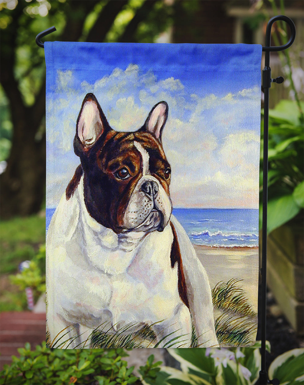 French Bulldog at the beach Flag Garden Size.