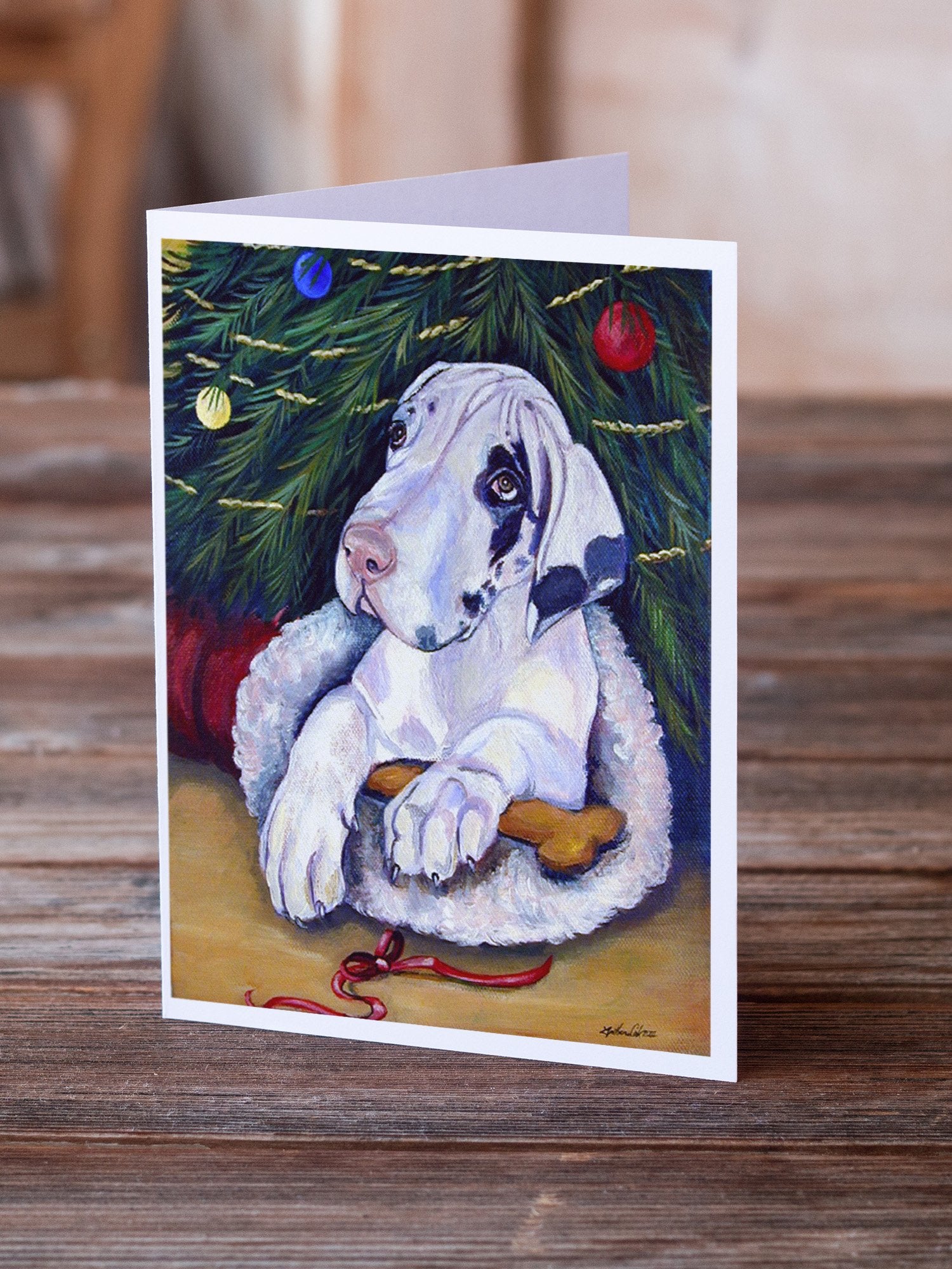 Christmas Tree with Harlequin Great Dane  Greeting Cards and Envelopes Pack of 8 - the-store.com