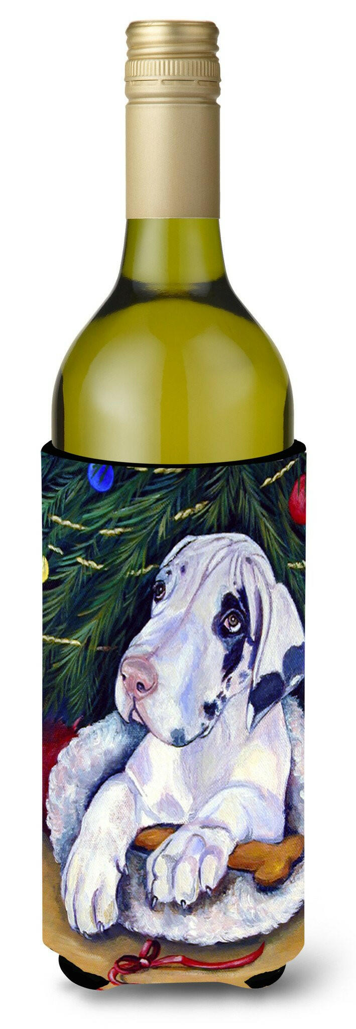 Christmas Tree with Harlequin Great Dane Wine Bottle Beverage Insulator Beverage Insulator Hugger by Caroline&#39;s Treasures