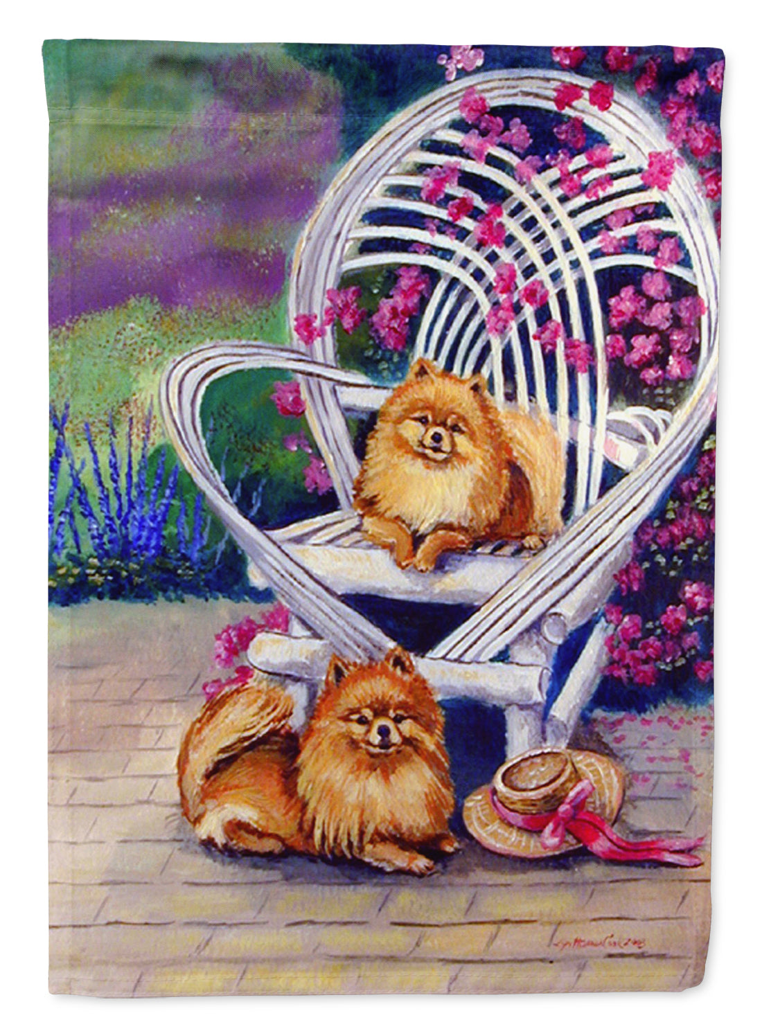 Red Pomeranians on the patio Flag Garden Size.