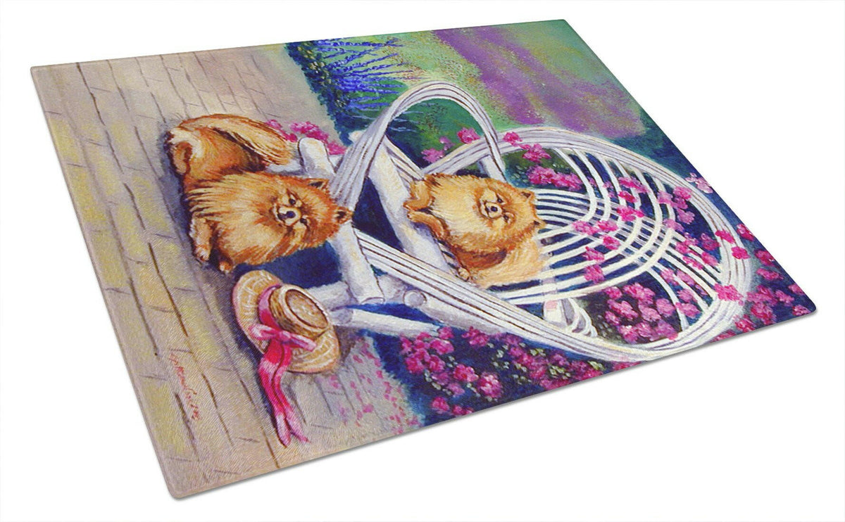 Red Pomeranians on the patio Glass Cutting Board Large by Caroline&#39;s Treasures