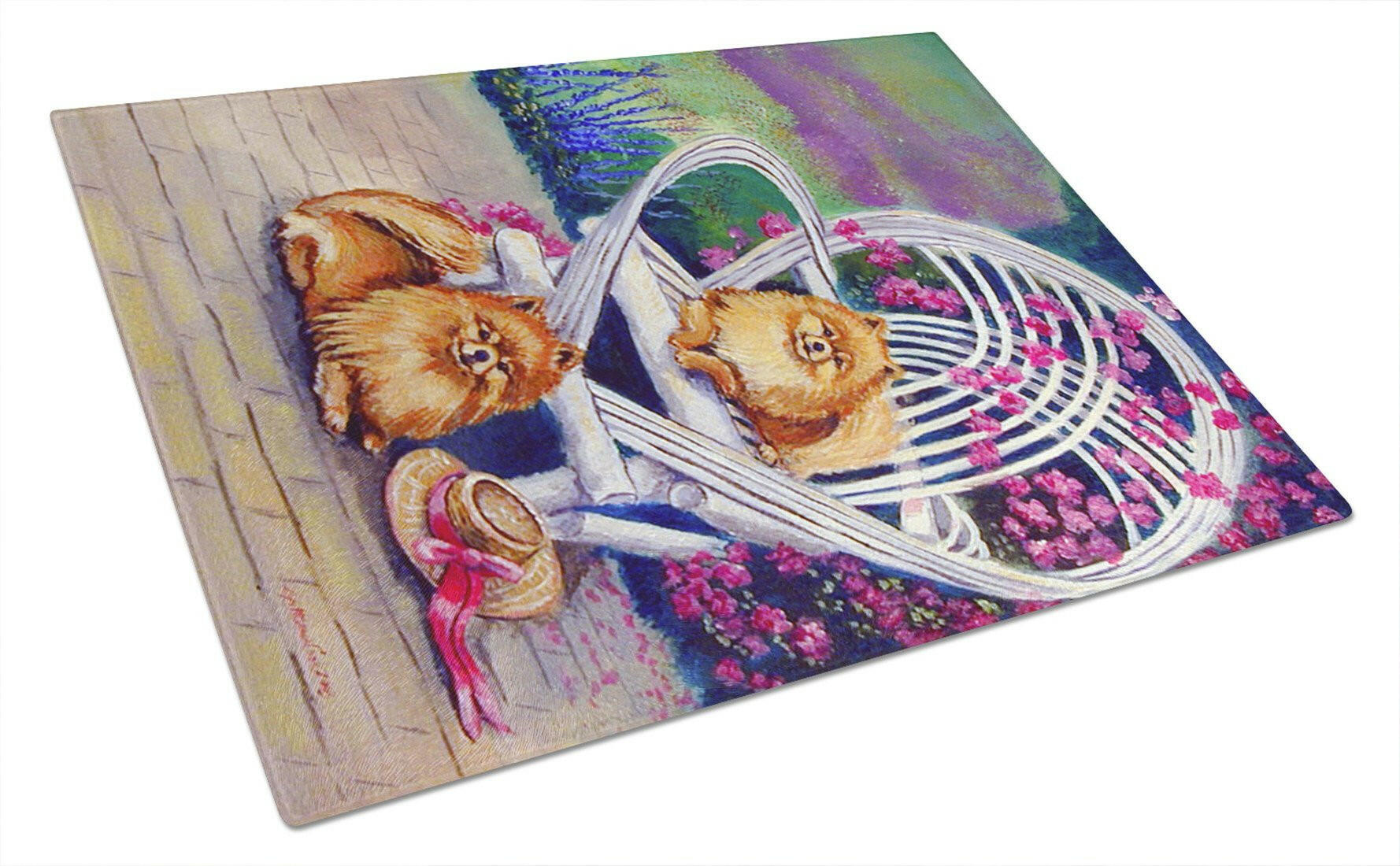 Red Pomeranians on the patio Glass Cutting Board Large by Caroline's Treasures