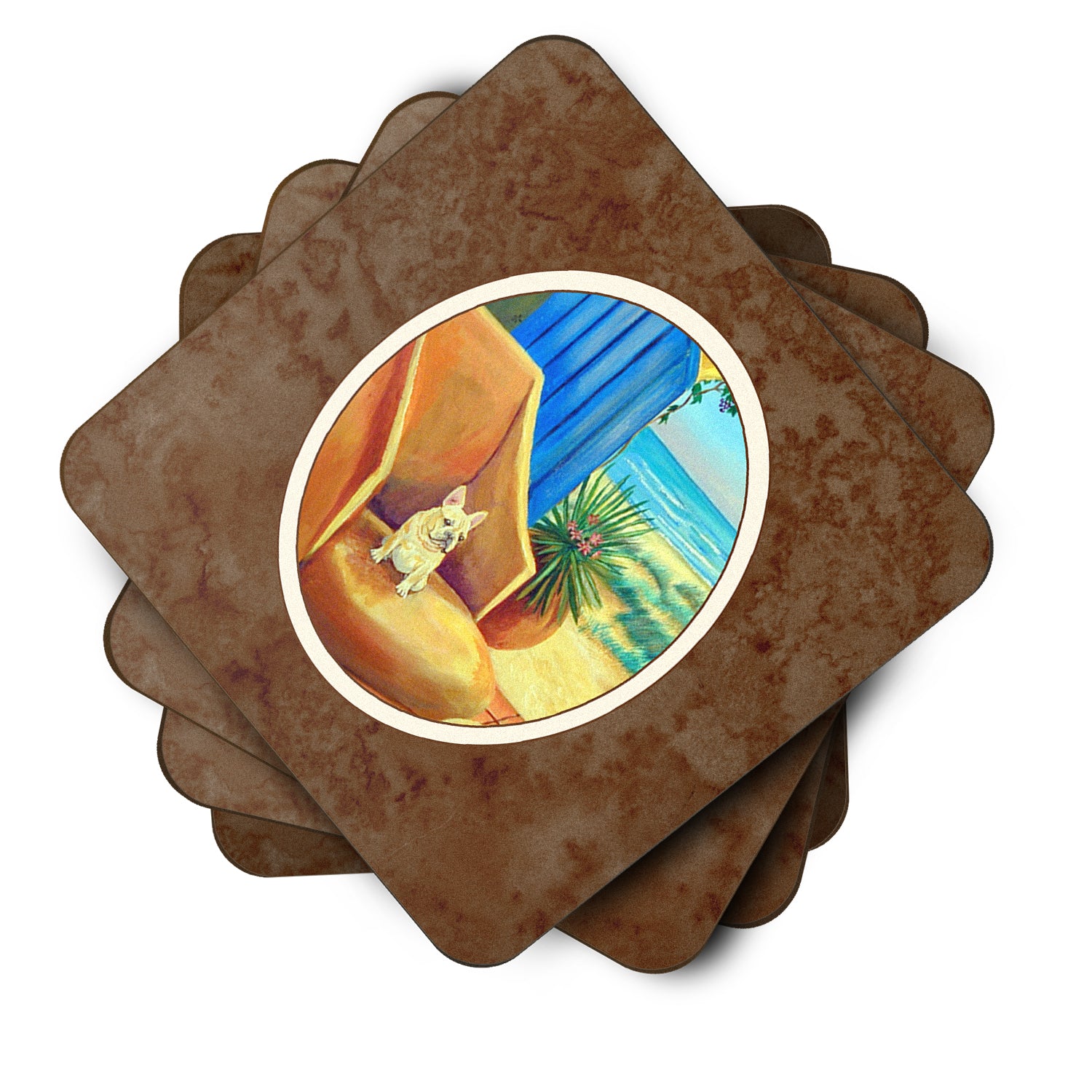 French Bulldog at the beach cottage Foam Coaster Set of 4 7181FC - the-store.com