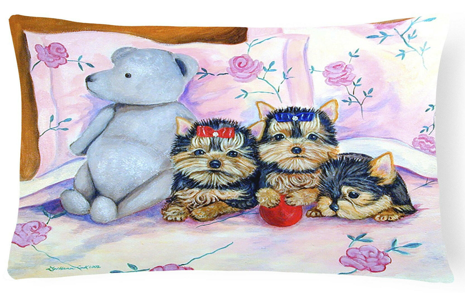 Yorkie Puppies three in a row Decorative   Canvas Fabric Pillow by Caroline's Treasures