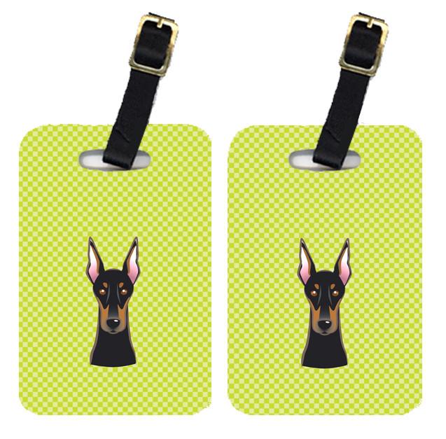 Pair of Checkerboard Lime Green Doberman Luggage Tags BB1307BT by Caroline&#39;s Treasures