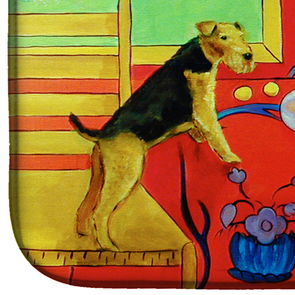 Airedale Terrier with lady in the kitchen Dish Drying Mat 7212DDM