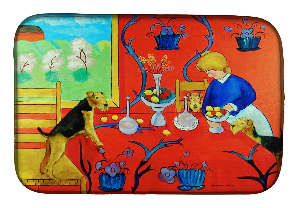 Airedale Terrier with lady in the kitchen Dish Drying Mat 7212DDM