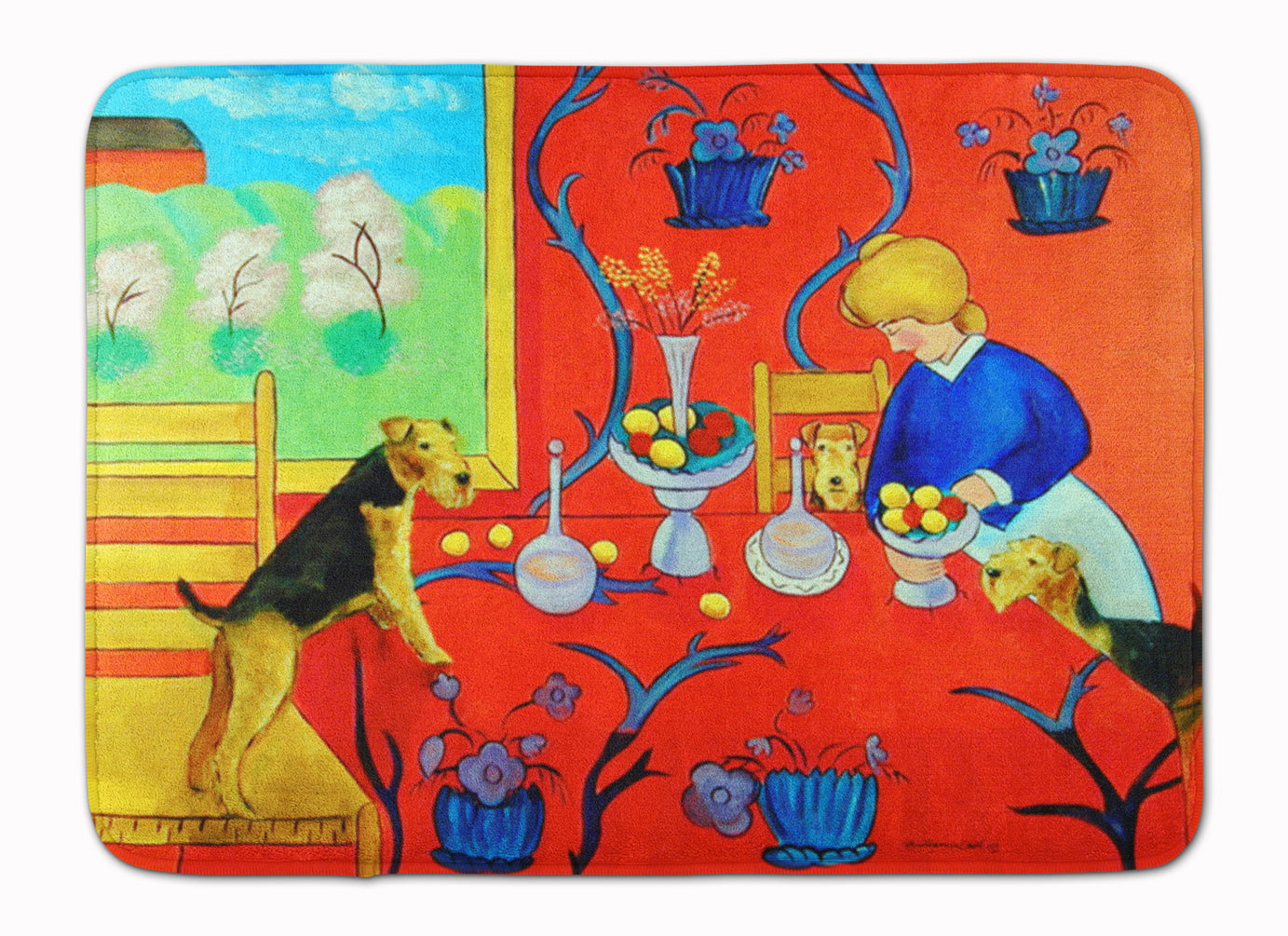 Airedale Terrier with lady in the kitchen Machine Washable Memory Foam Mat 7212RUG - the-store.com