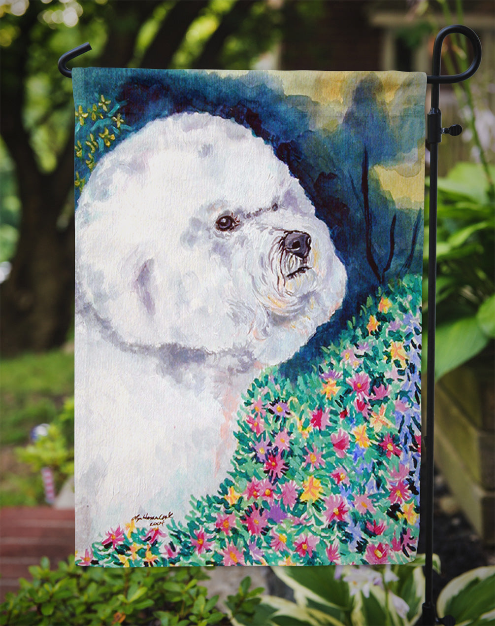 Bichon Frise in the flowers Flag Garden Size.
