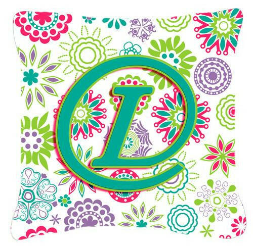 Letter L Flowers Pink Teal Green Initial Canvas Fabric Decorative Pillow CJ2011-LPW1414 by Caroline&#39;s Treasures