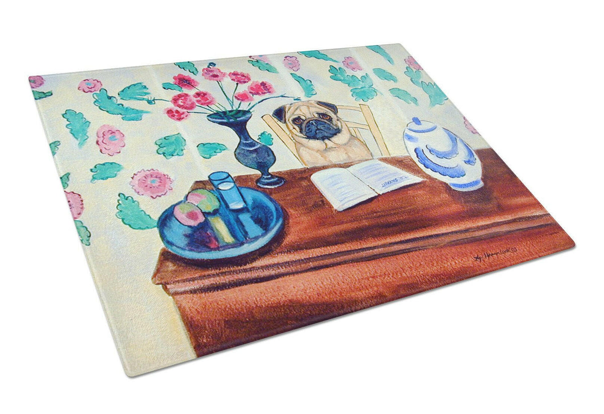 Fawn Pug reading in the kitchen Glass Cutting Board by Caroline&#39;s Treasures