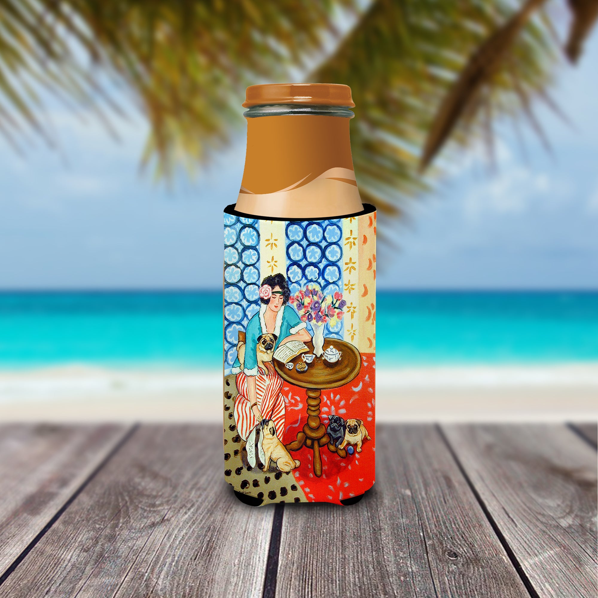 Lady with her Pug Ultra Beverage Insulators for slim cans 7259MUK
