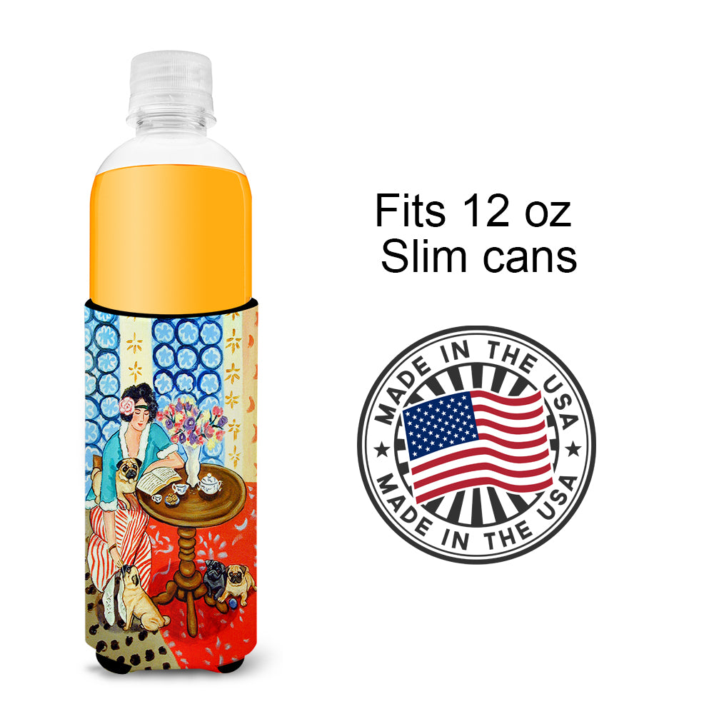 Lady with her Pug Ultra Beverage Insulators for slim cans 7259MUK.