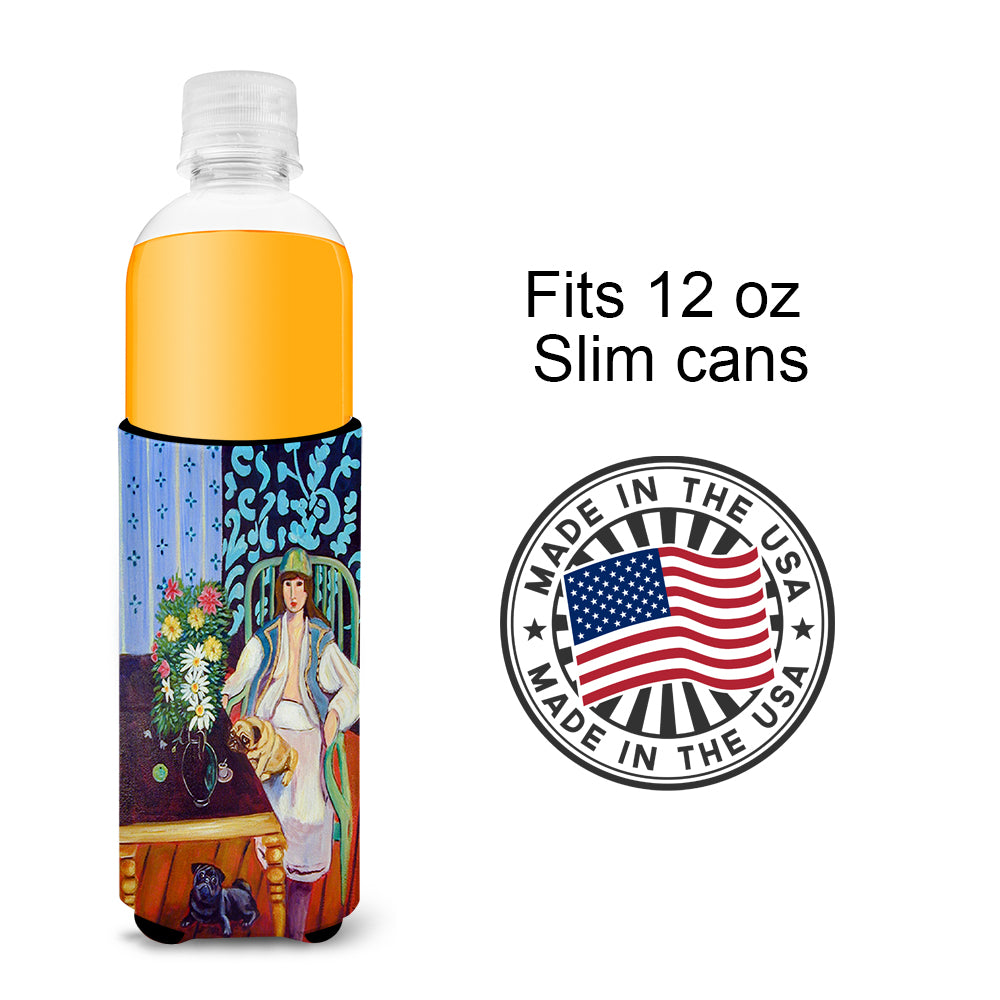 Lady with her Pug Ultra Beverage Insulators for slim cans 7265MUK