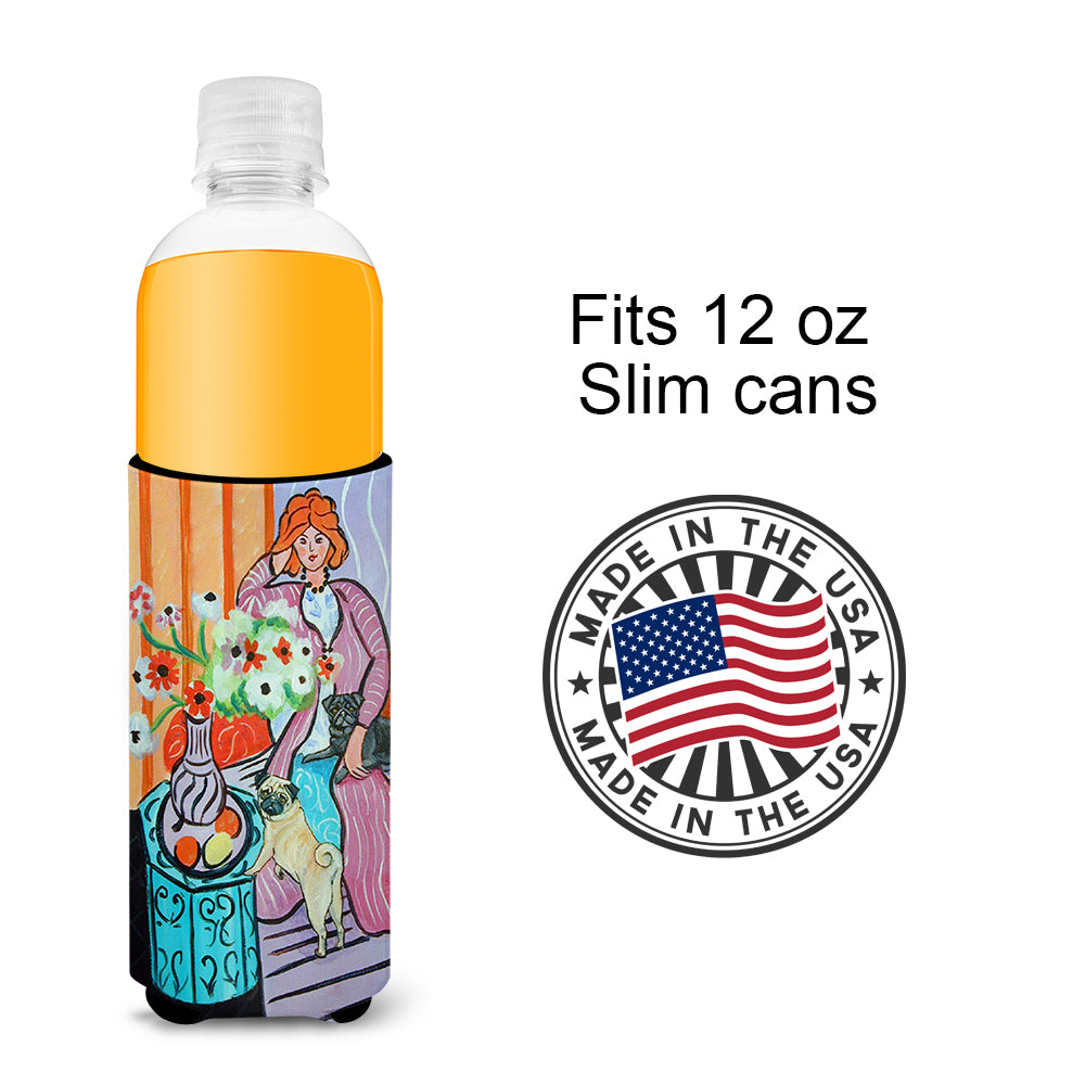 Lady with her Pug Ultra Beverage Insulators for slim cans 7266MUK.