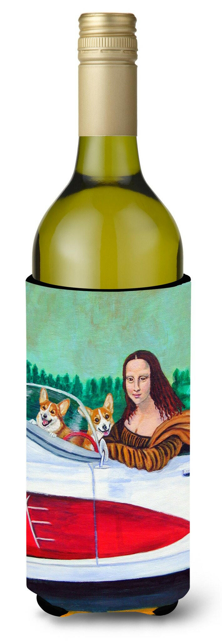 Mona Lisa with  Corgi Wine Bottle Beverage Insulator Beverage Insulator Hugger by Caroline's Treasures
