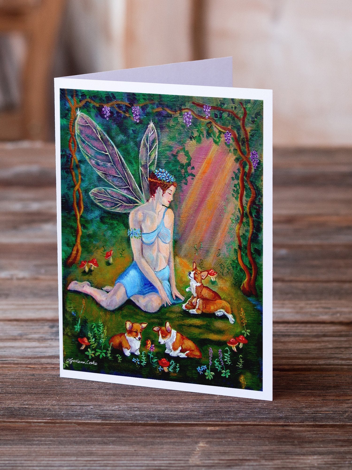 Fairy in the woods with her Corgis Greeting Cards and Envelopes Pack of 8 - the-store.com