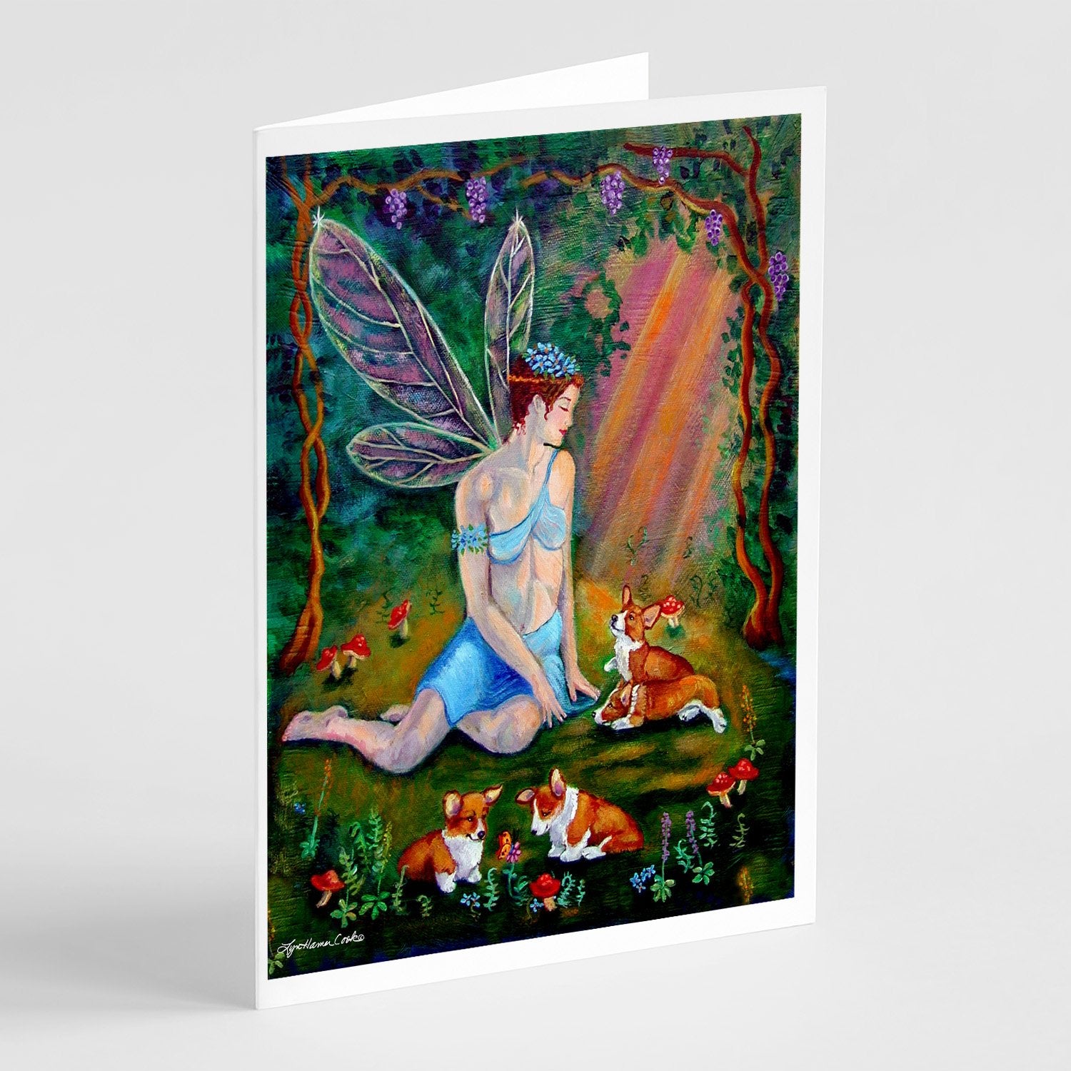 Buy this Fairy in the woods with her Corgis Greeting Cards and Envelopes Pack of 8