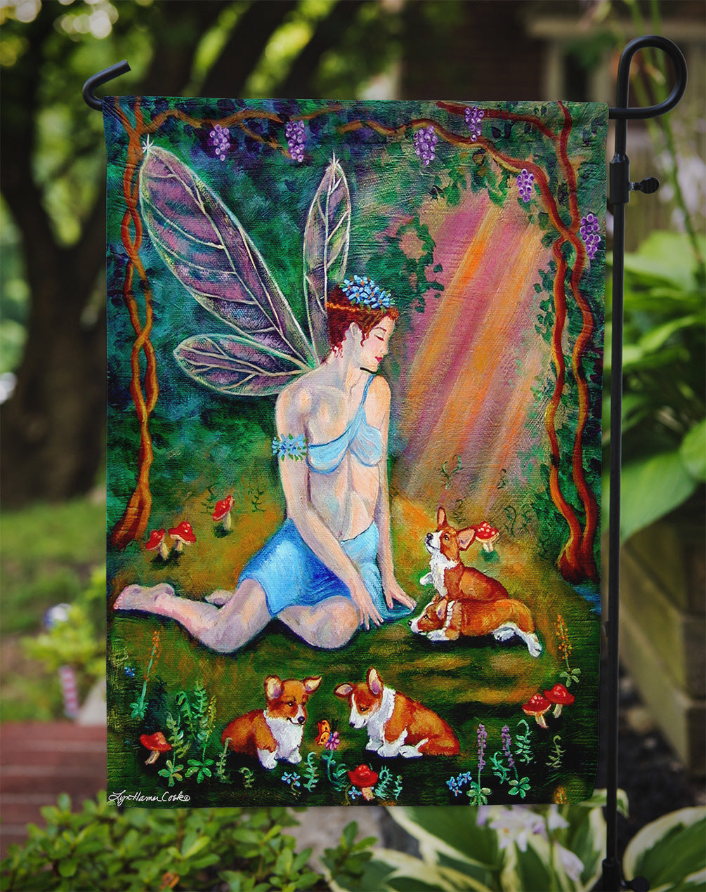 Fairy in the woods with her Corgis Flag Garden Size 7295GF.