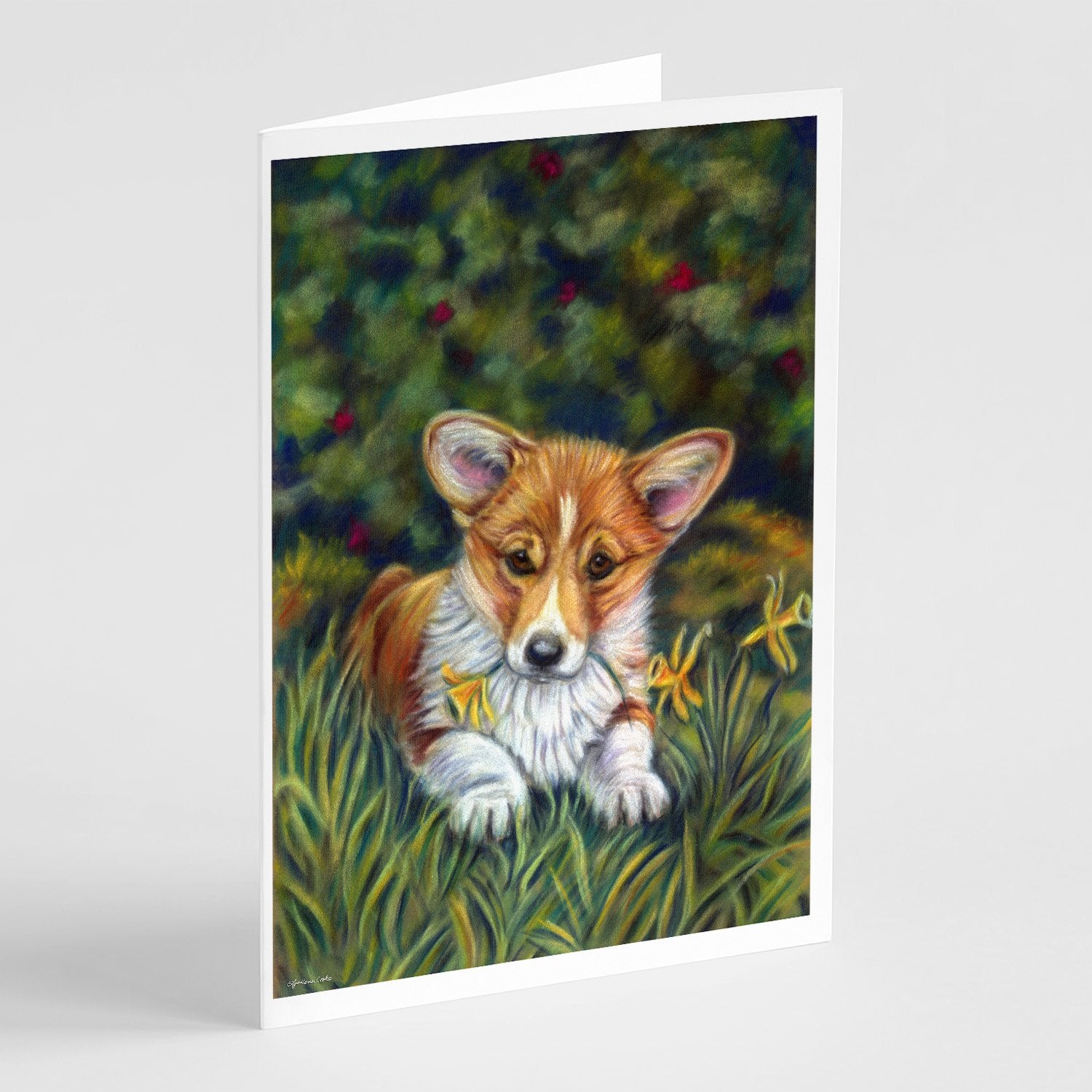Buy this Corgi Pup and Daffodils Greeting Cards and Envelopes Pack of 8