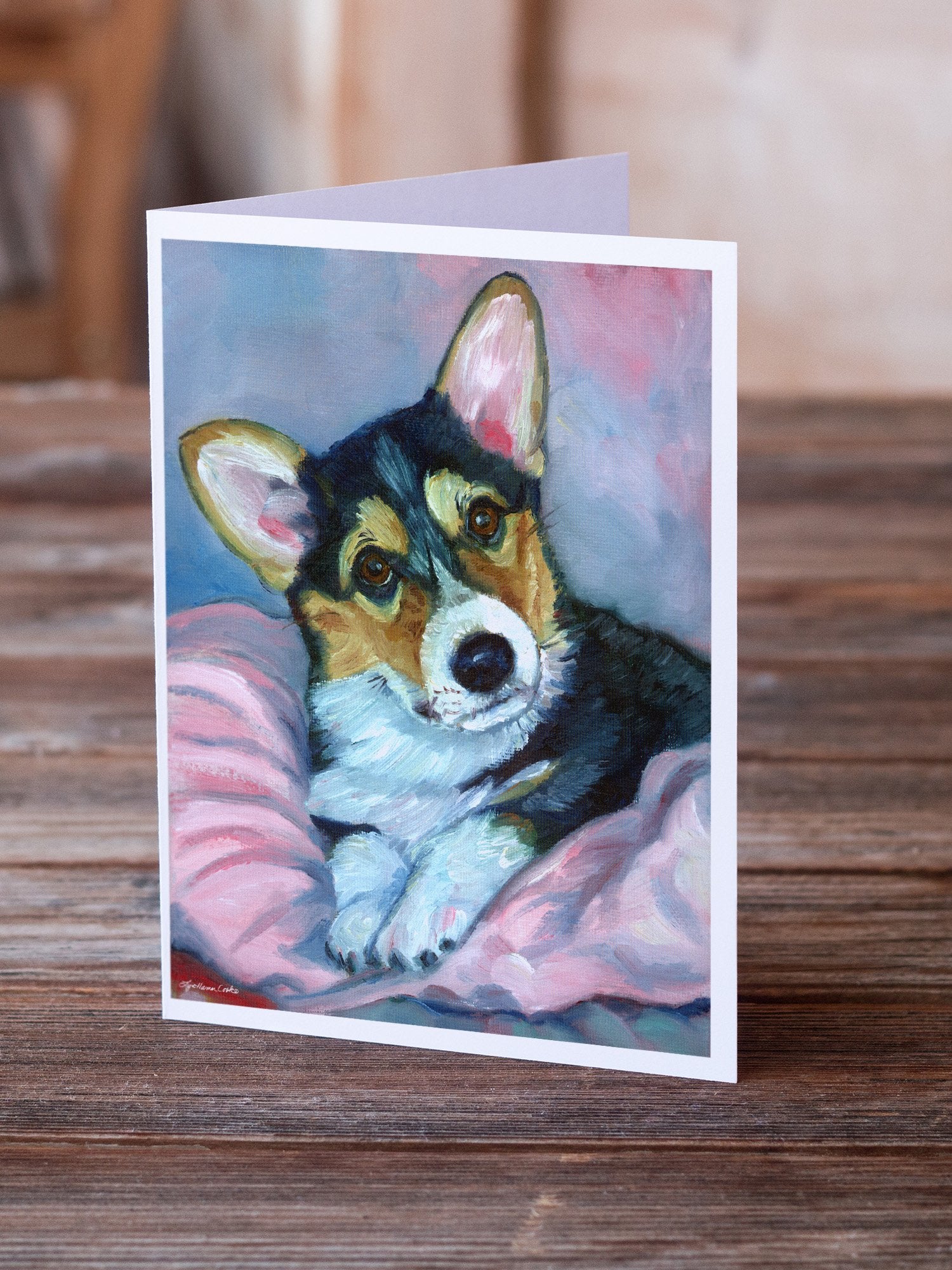 Corgi Puppy with pink blanket Greeting Cards and Envelopes Pack of 8 - the-store.com