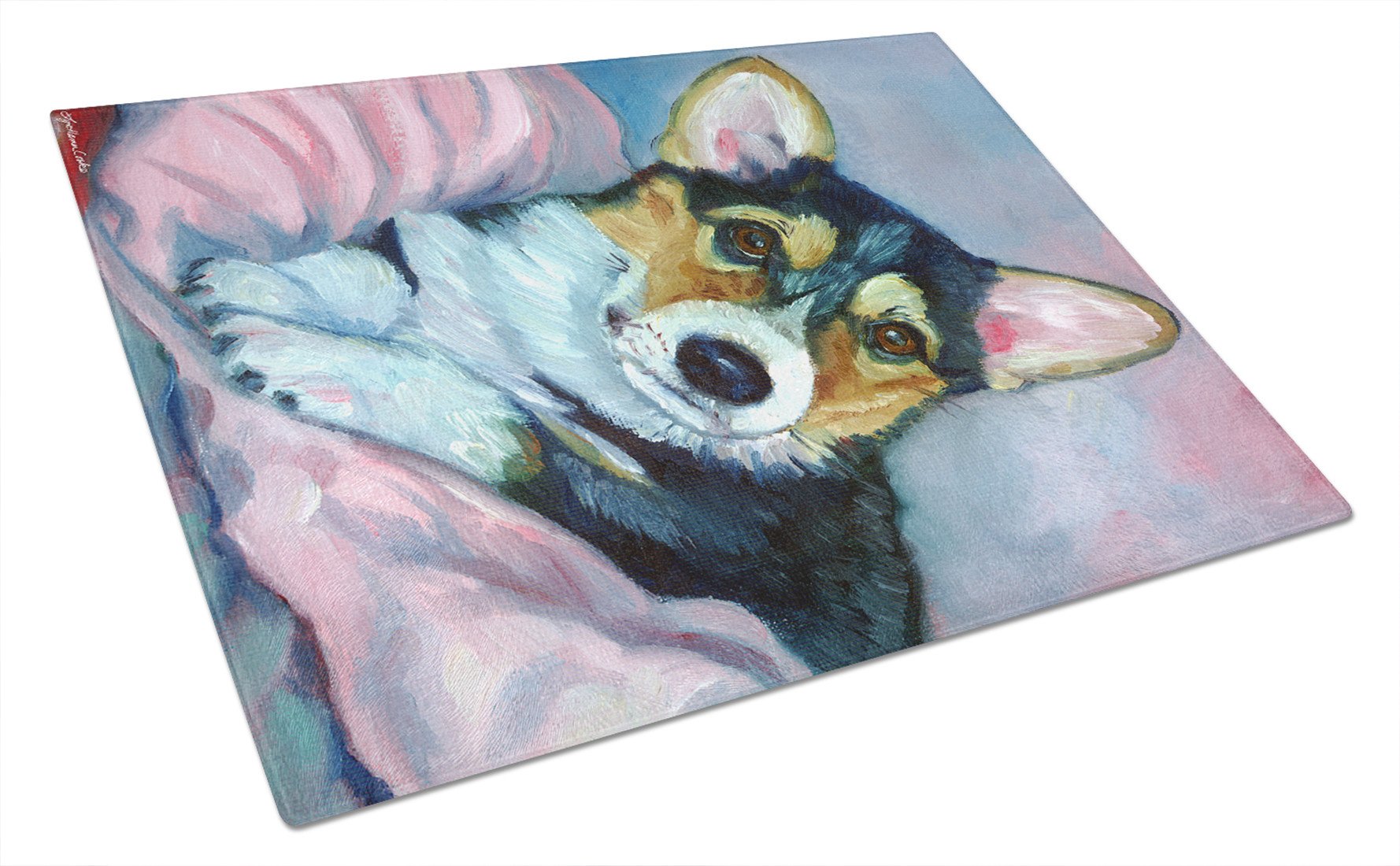 Corgi Puppy with pink blanket Glass Cutting Board Large 7301LCB by Caroline's Treasures