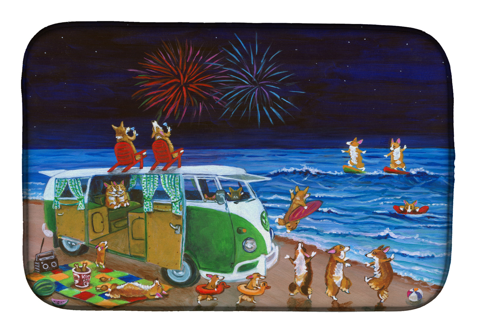 Corgi Beach Party Volkswagon Bus Fireworks Dish Drying Mat 7317DDM