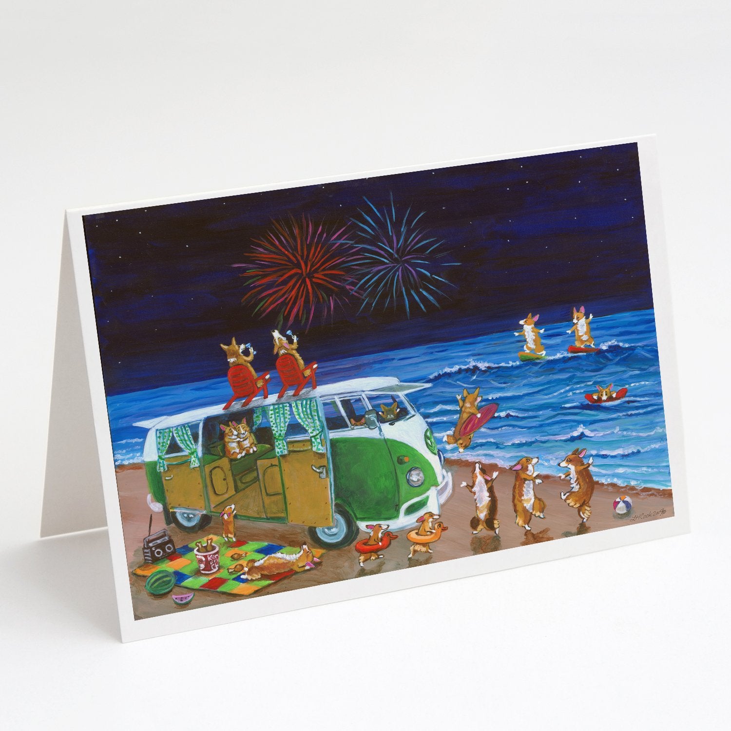 Buy this Corgi Beach Party Volkswagon Bus Fireworks Greeting Cards and Envelopes Pack of 8