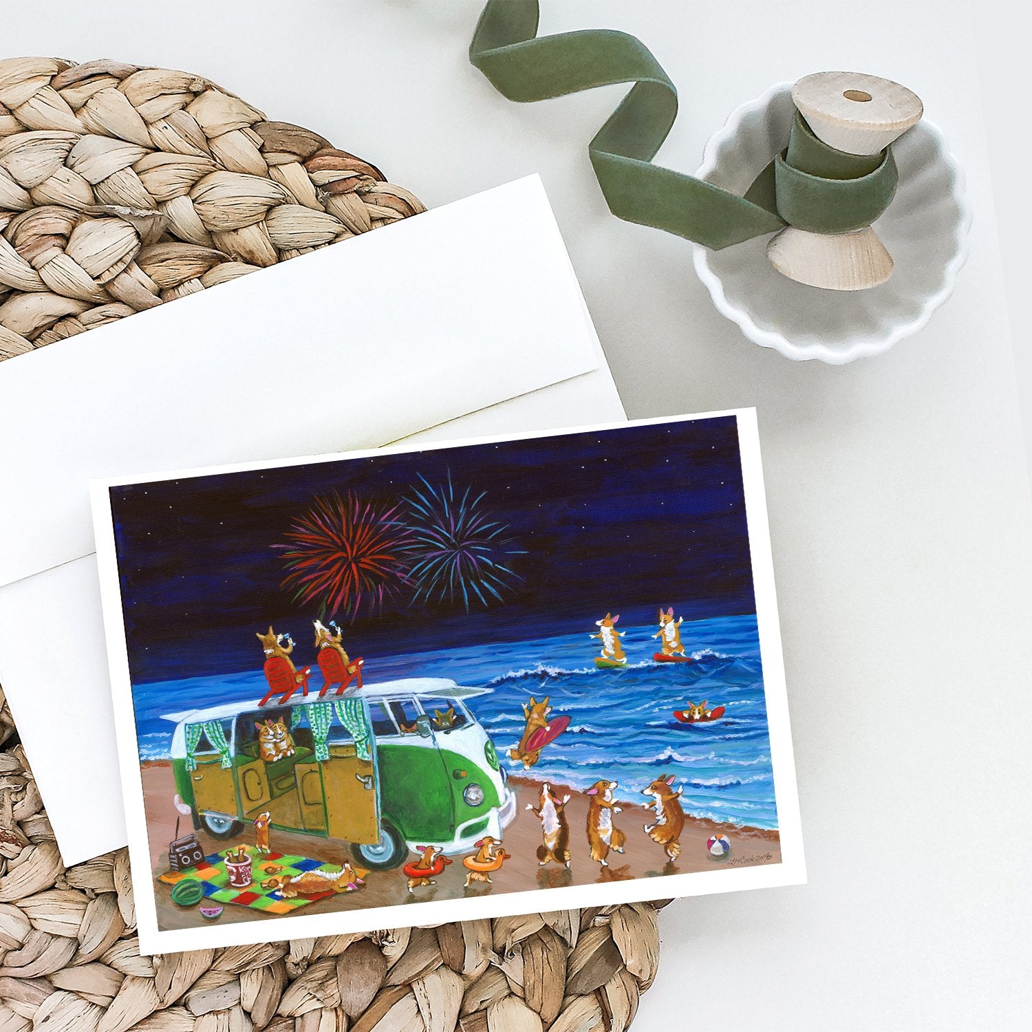 Corgi Beach Party Volkswagon Bus Fireworks Greeting Cards and Envelopes Pack of 8 - the-store.com