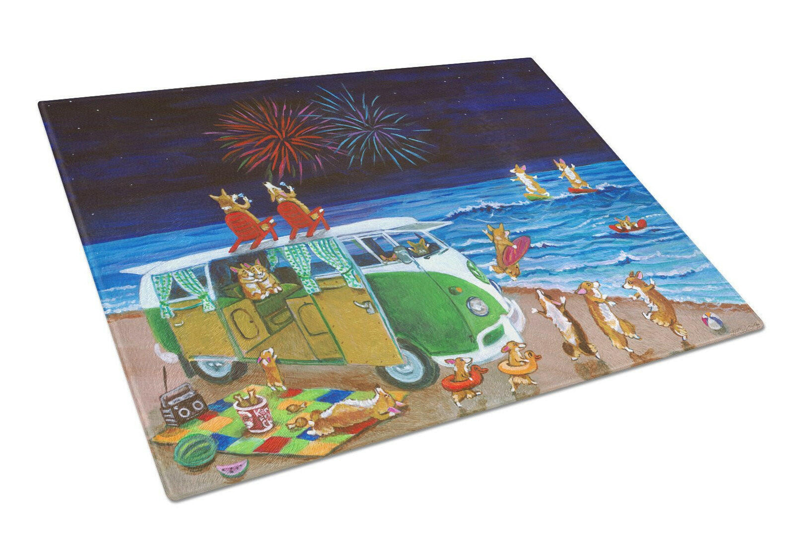 Corgi Beach Party Volkswagon Bus Fireworks Glass Cutting Board Large 7317LCB by Caroline's Treasures
